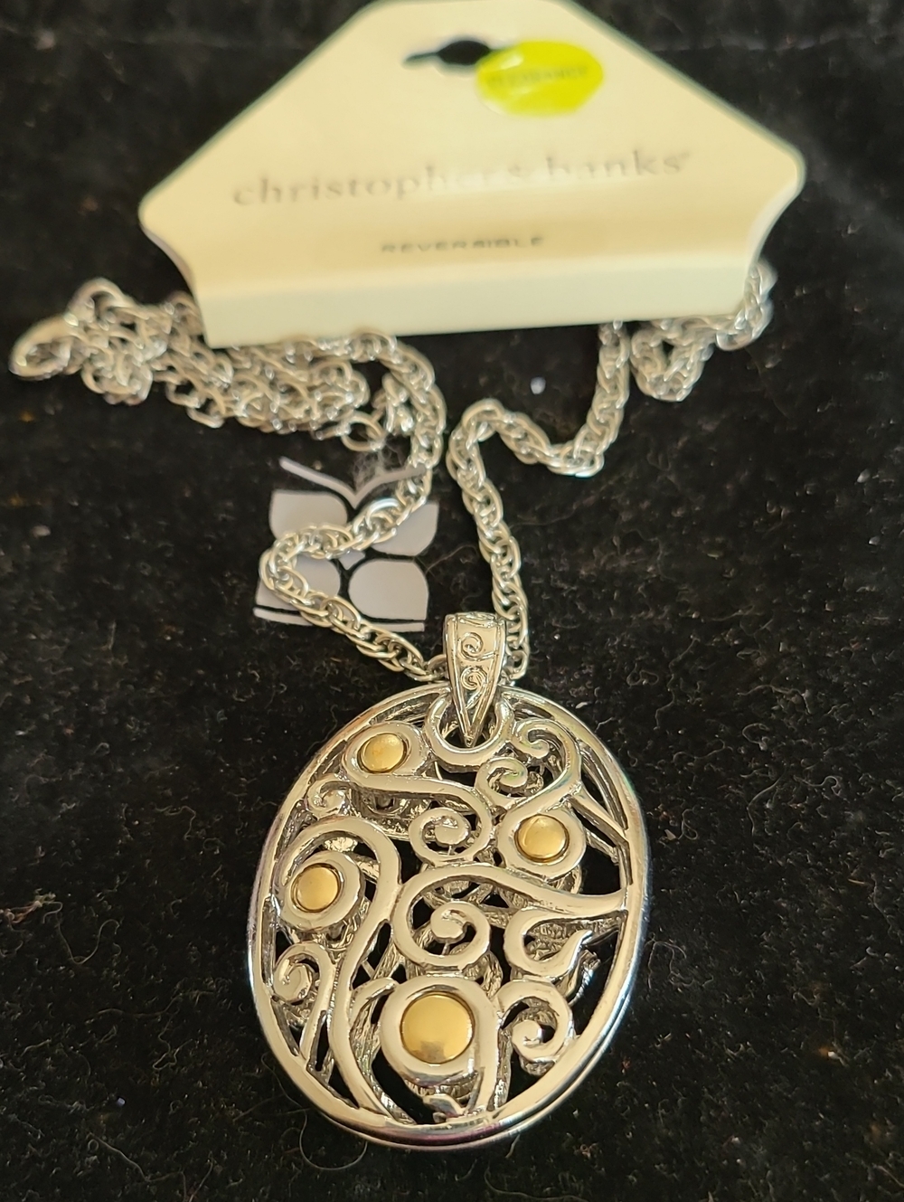 Christopher & Banks Two-Tone Silver Oval Filigree Pendant with Gold Dots